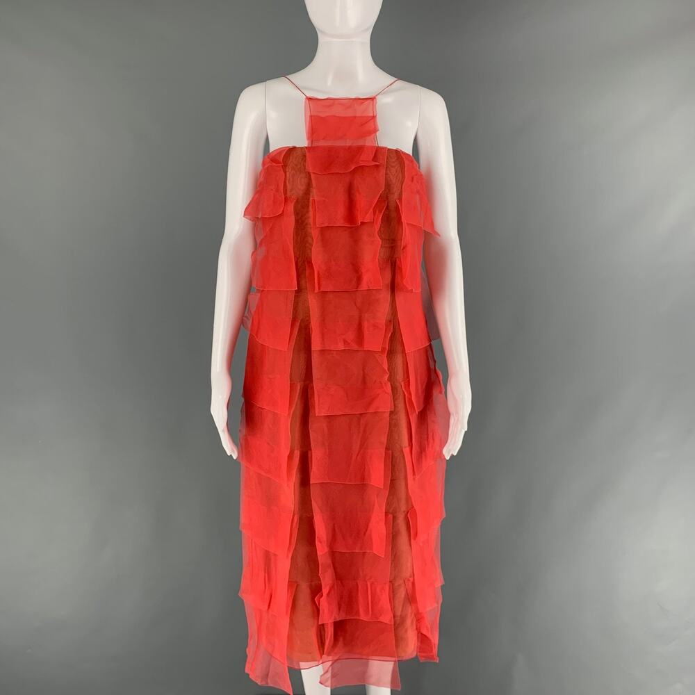 AKRIS Size 10 Orange Tan Silk See Through Spaghetti Straps Dress